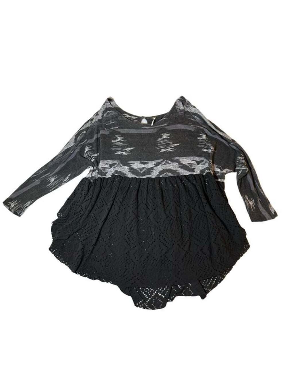 Free People Patterned Knit and Black Crochet Lace Tunic Top